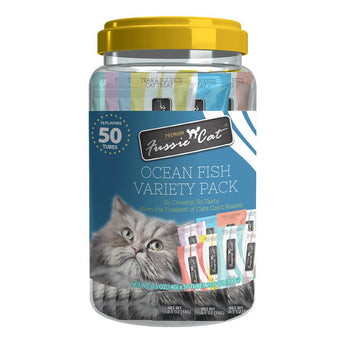 Fussie Cat Ocean Fish Puree Variety Pack 10 Flavors 50 Count Tub