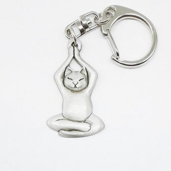 Chelsea Yoga Cat Arms Up Key Ring Pewter (NEW)