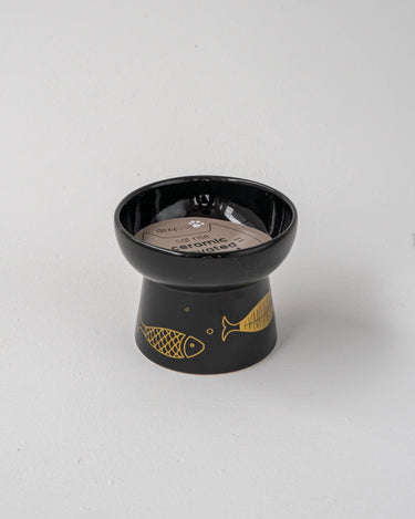 Dexypaws Raised Ceramic Cat Bowl, Black with Gold Fish Cat 7oz
