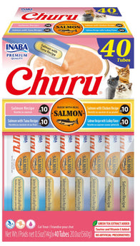 Inaba Cat Churu Purees Variety 40 Pack Salmon, Salmon with Chicken, Salmon with Tuna and Salmon with Scallop